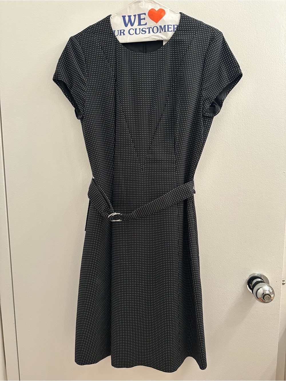 Hugo Boss Black Polka Dot Belted Cap-Sleeve Dress